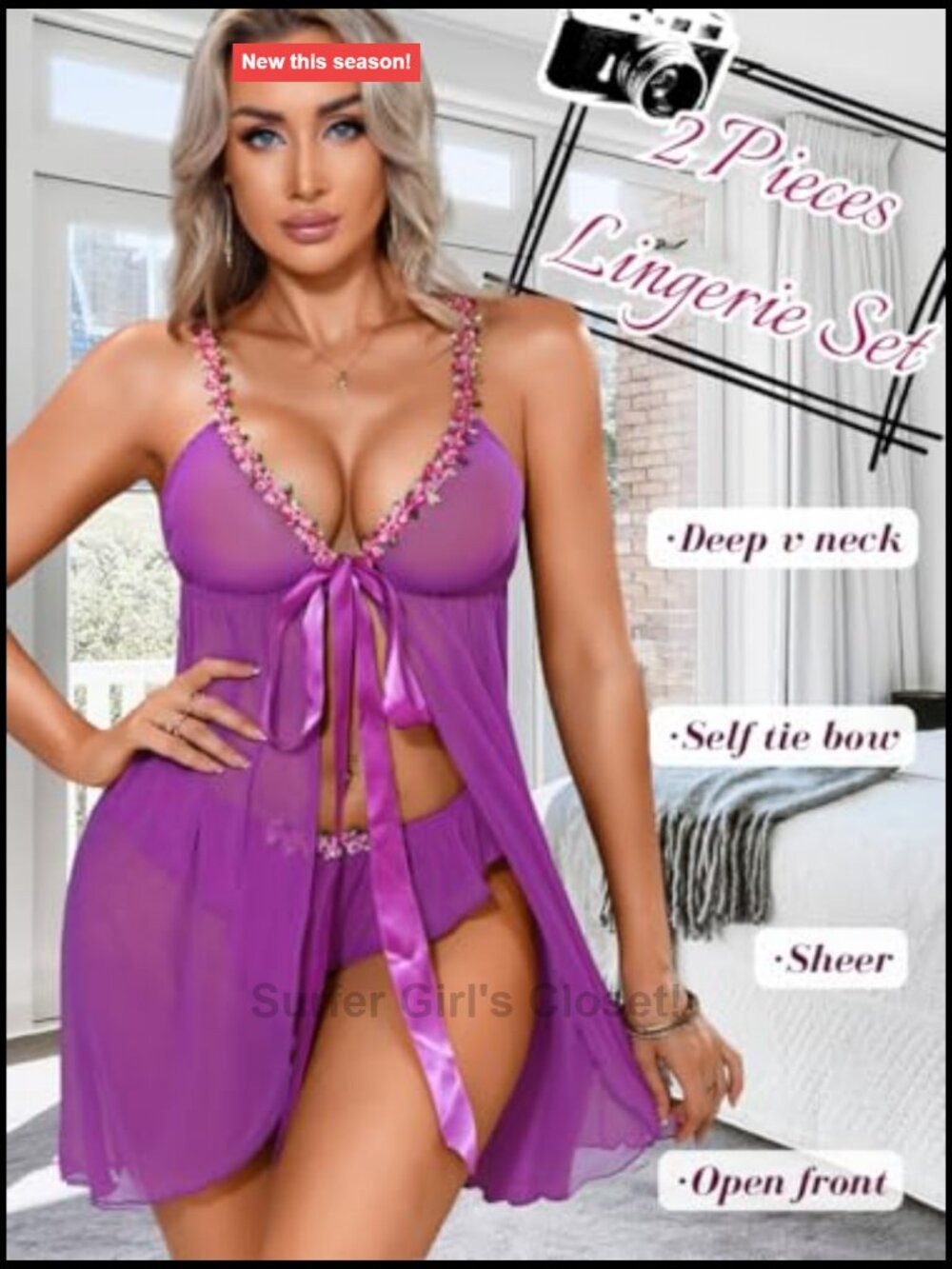 Sheer Babydoll Nightgown with Floral Lace Trim, Front Closure Chemise - Picture 2 of 6